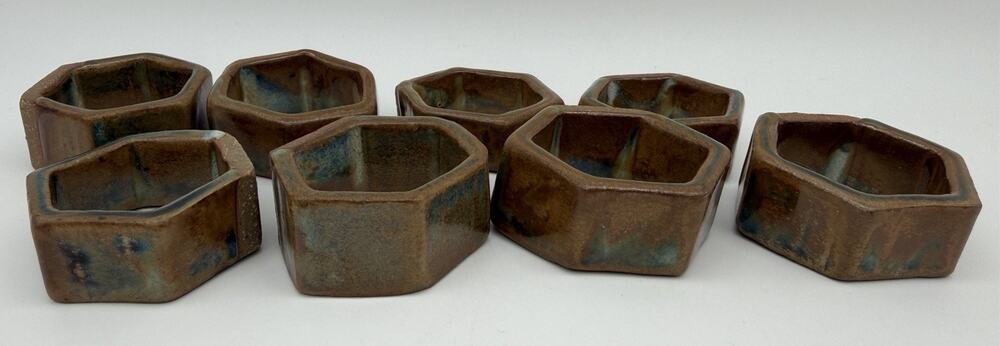 Stoneware Pottery Octagon Napkin Rings Set of 8 Glazed Ceramic Brown Blue